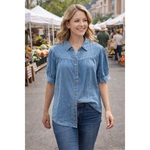 Jane‎ + Delancey Chambray Button Front Blouse Puff Sleeve Lyocell Size L